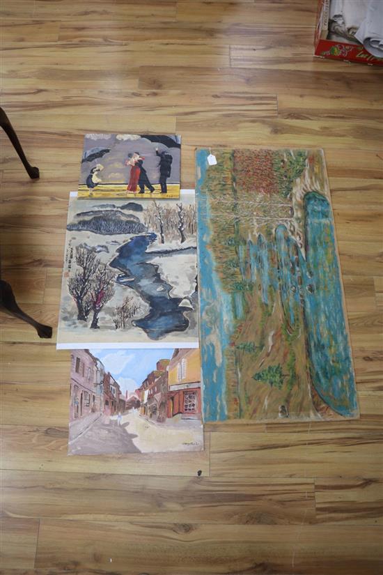 Four Chinese paintings on board, unframed, largest 51 x 121cm